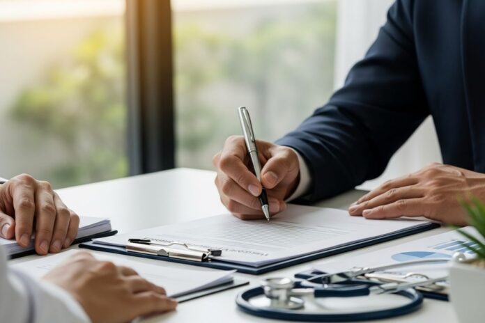 Professional businessman in a suit signing a health insurance policy or medical agreement during a consultation with a doctor in a modern clinic