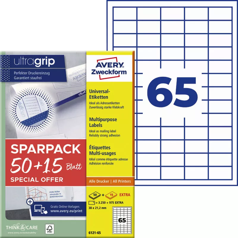 Avery Zweckform 6121-65, Universal-Etiketten, A4, Qualitätsdruck mit: ultragrip, 38 x 21,2 mm, 4.225 Etiketten / 65 Bögen, Weiß