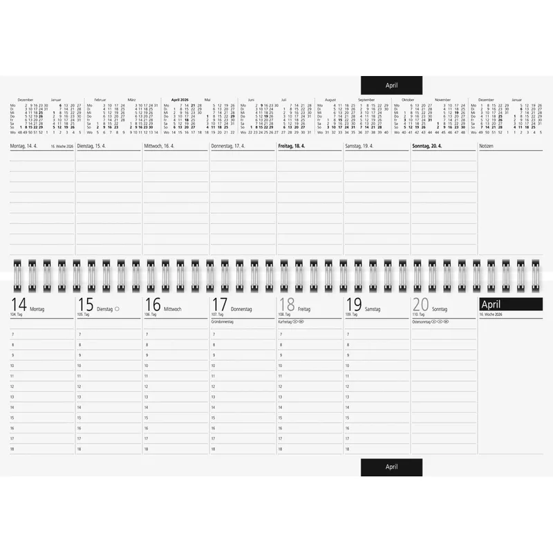 Tischkalender Sequenz 2026 quer, 29,7 x 10,5 cm, 1W/2S, Karton, weiß