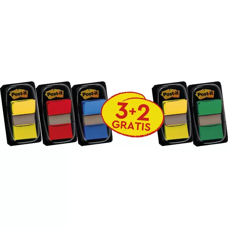 Post-it® Index Haftstreifen, Standard, Verschiedene Farben,50 Haftstreifen/Spender, 3 Spender + 2 Gratis/Packung
