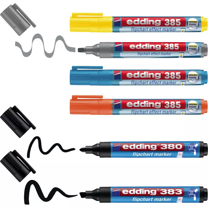 Edding Flipchartmarker 380, 383, 385, Rund-, Keil-/ Pinselspitze, 1-5 mm, farbsortiert: 6 Stück