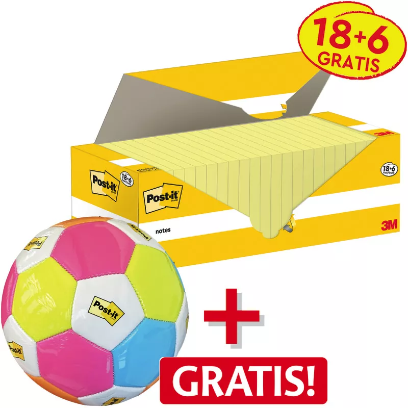 18 + 6 GRATIS! 24 Blöcke Post-it® Haftnotizen, 76 x 127 mm, gelb + 1 Fußball GRATIS!