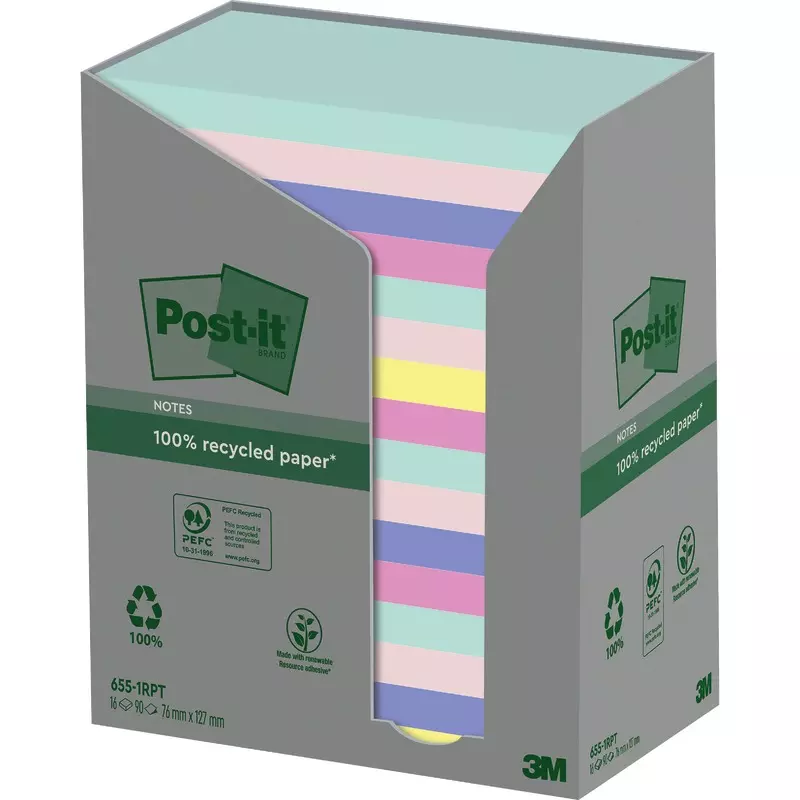 Post-it® Recycling Notes, Verschiedene Farben, 76 mm x 127 mm, 100 Blatt/Block, 16 Blöcke/Packung