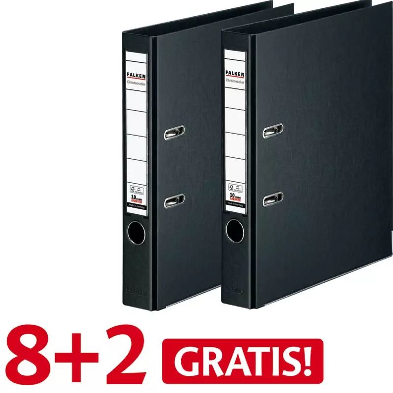8 + 2 GRATIS! 10 FALKEN Chromocolor-Voll-PP-Ordner A4, 50 mm, schwarz