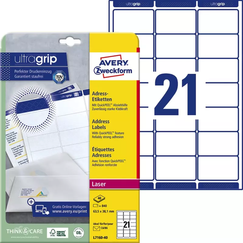AVERY® Zweckform L7160-40 Adress-Etiketten, 63,5 x 38,1 mm, 40 Bogen/840 Etiketten, weiß