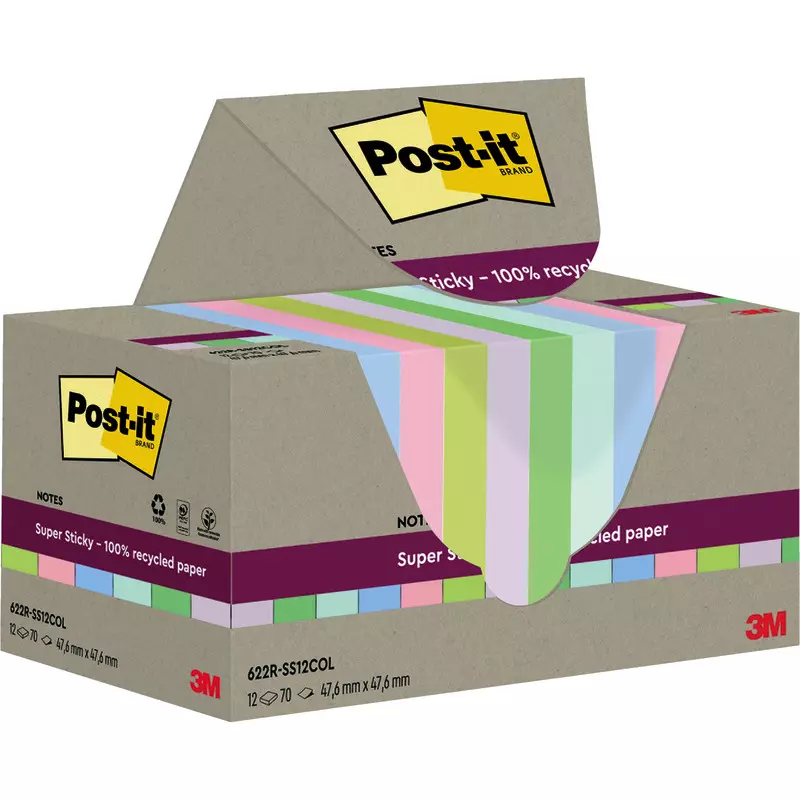 Post-it® Super Sticky 100 % Recycling Notes, Pastelfarben, 47,6 x 47,6 mm, 12 Blöcke/ Packung