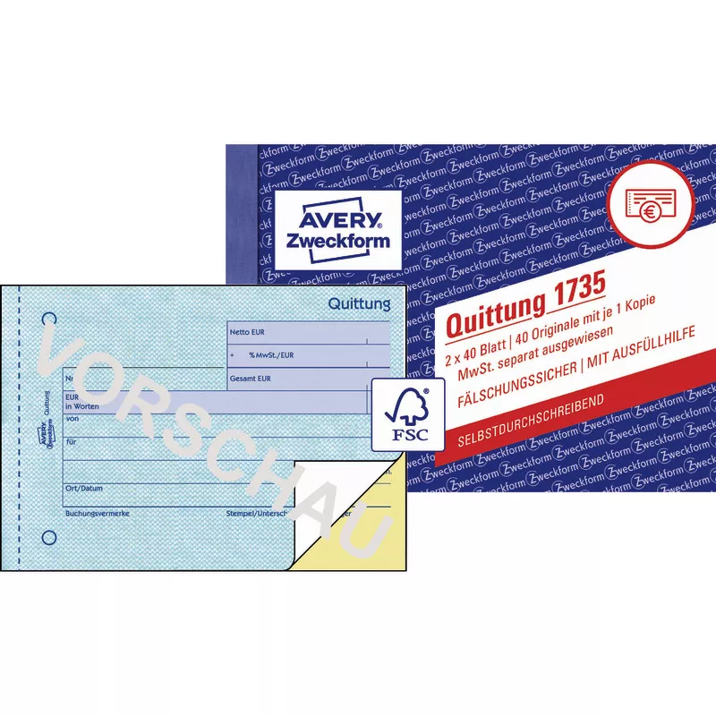 AVERY® Zweckform Quittung zzgl. MwSt. Nr. 1735