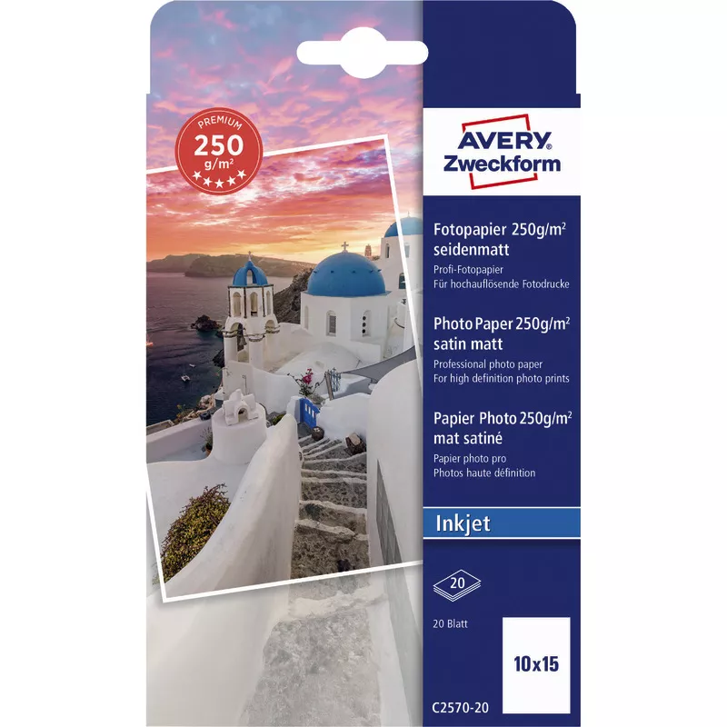 AVERY Zweckform Premium Inkjet Fotopapier, seidenmatt, 10 x15, 250 g/m², Packung: 20 Blatt
