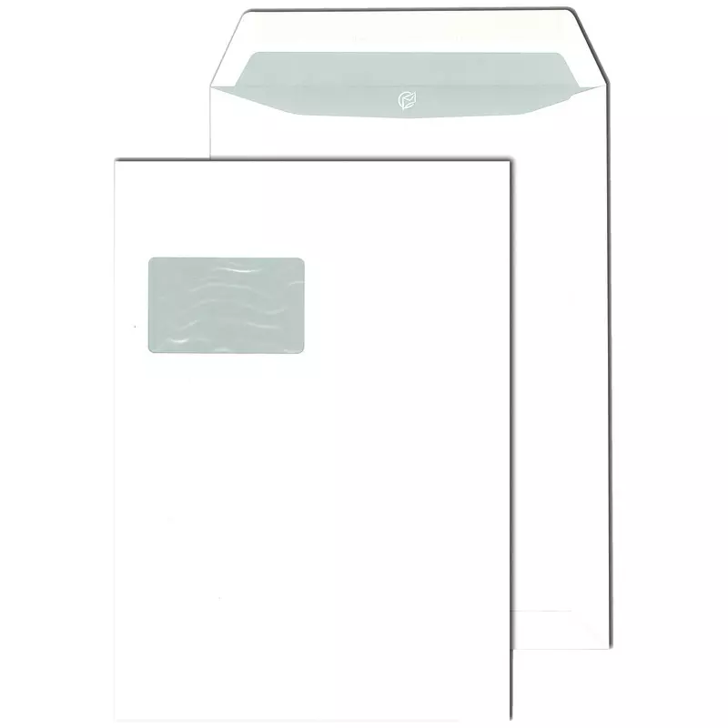 Versandtaschen DIN C4, 229 x 324 mm, nassklebend, weiß, 100 g/m², mit Fenster 55 x 90 mm, grauer Innendruck, Pack: 250 Stück