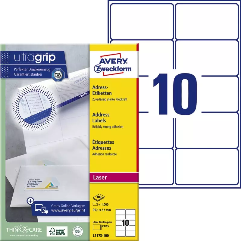 AVERY® Zweckform L7173-100 Adress-Etiketten, 99,1 x 57 mm, 100 Bogen/1.000 Etiketten, weiß
