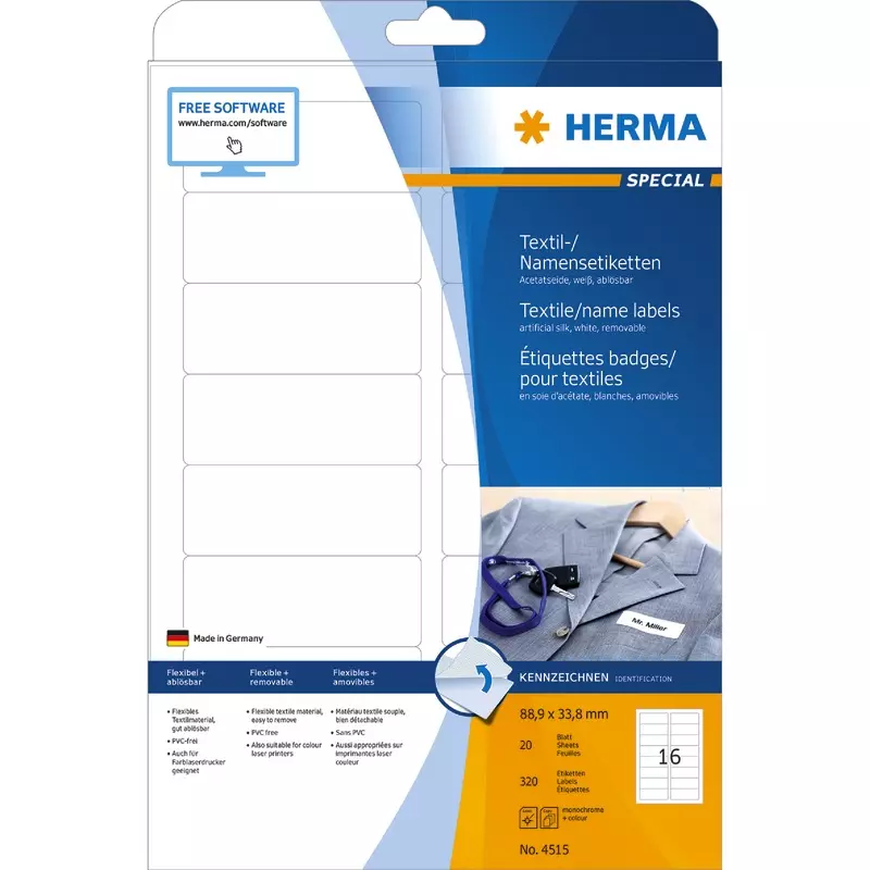 HERMA Namensetiketten 4515, ablösbar, A4, 88,9 x 33,8 mm, weiß, aus Acetatseide, bedruckbar