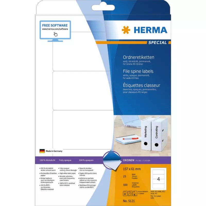 HERMA Etikett 5121, B x H: 157 x 61 mm, A5 Ordner weiß