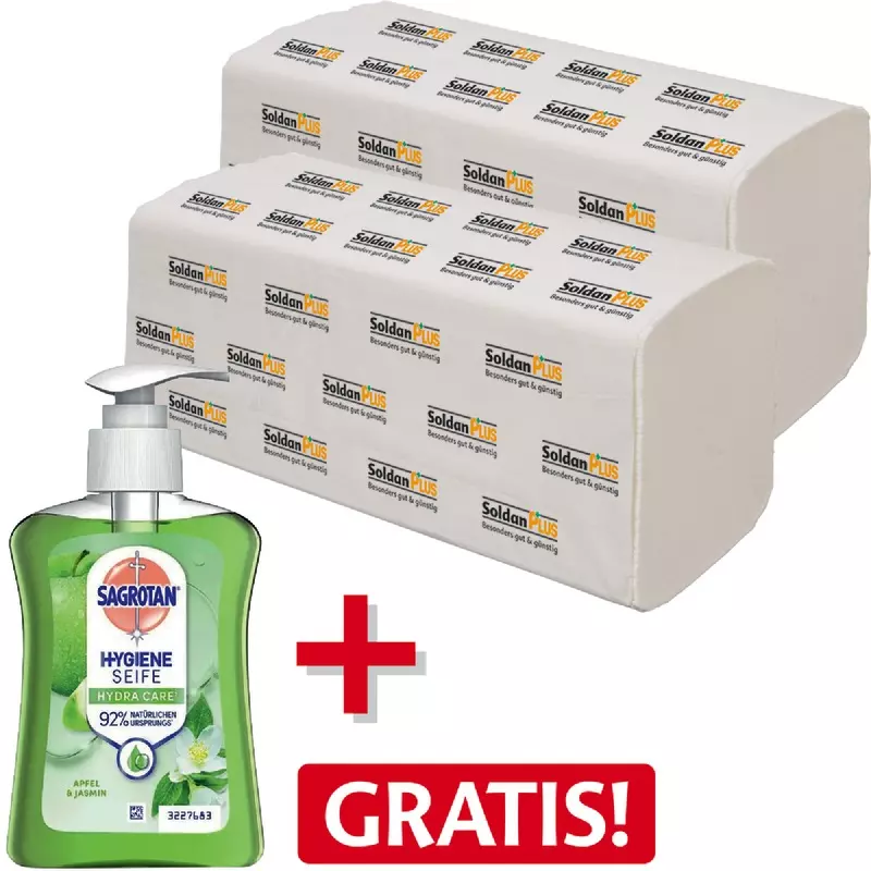 1 Karton SoldanPlus Falthandtücher, Zick-Zack-Falzung, Recyclingqualität, 2-lagig, naturweiß + 1 x Flüssigseife Apfel & Jasmin GRATIS