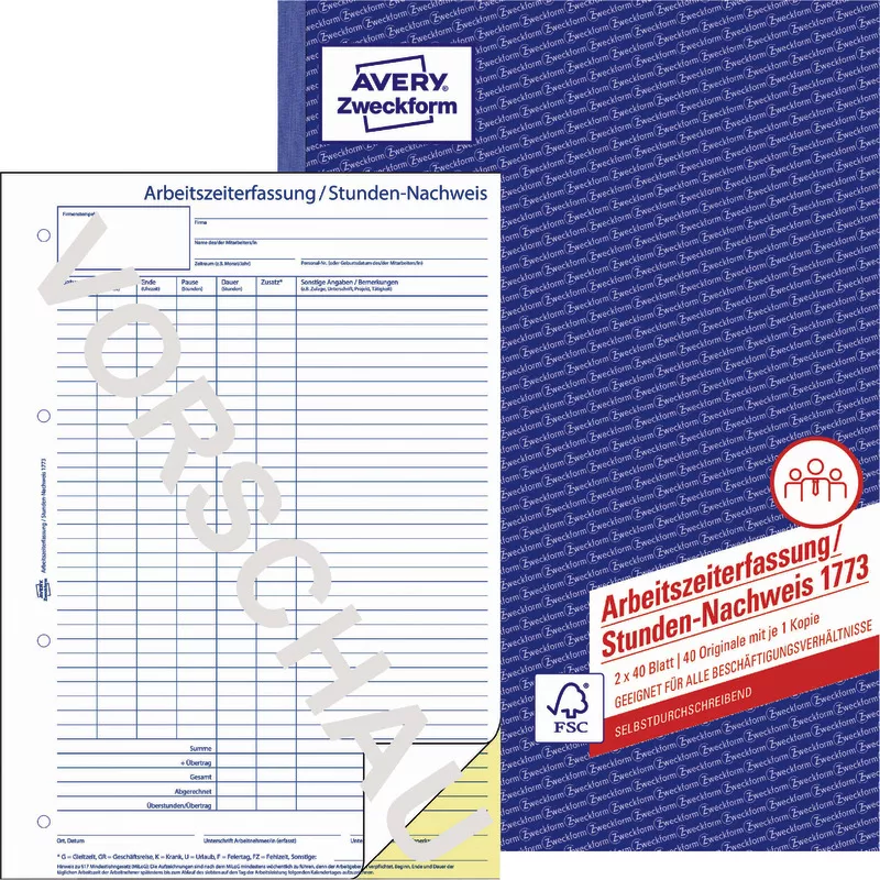 AVERY® Zweckform Stunden-Nachweis 1773, A4, selbstdurchschreibend, 2x40 Blatt