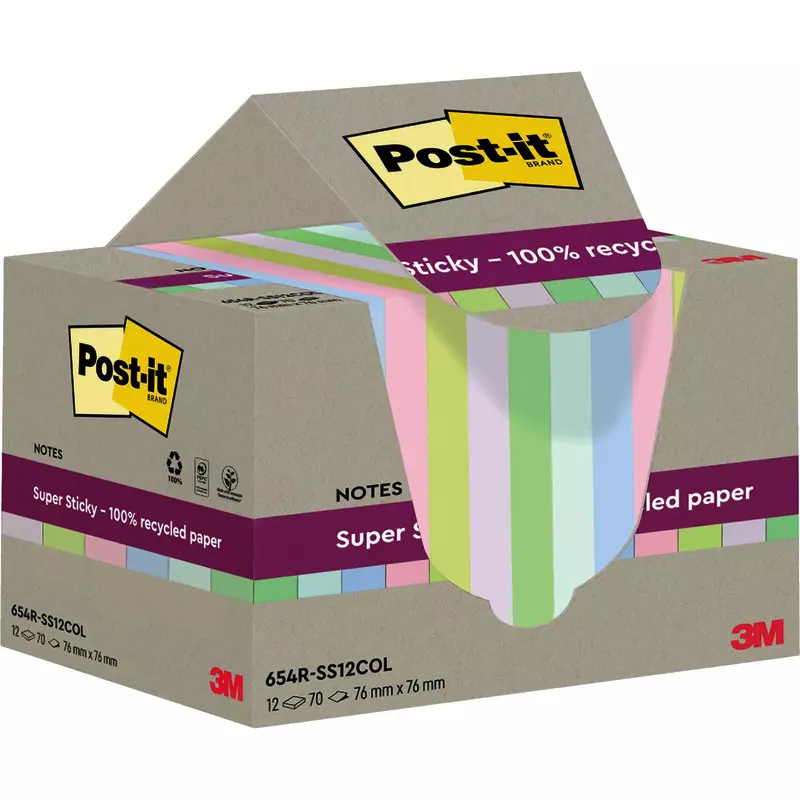 Post-it® Haftnotizen Super Sticky Recycling Notes, 76 x 76 mm, farbsortiert, 12 Blöcke