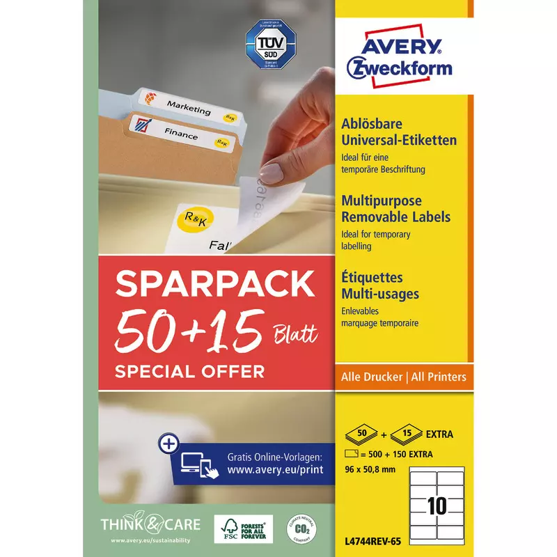 Avery Zweckform L4744REV-65, Universal-Etiketten, A4, 96 x 50,8 mm, 650 Etiketten / 65 Bögen, Weiß