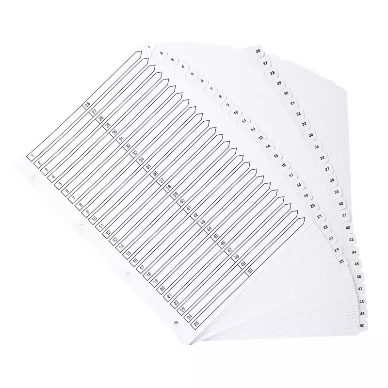 Bedruckte Register mit plastifizierten Taben, 50 Taben von 1 bis 50, DIN A4 - Weiß
