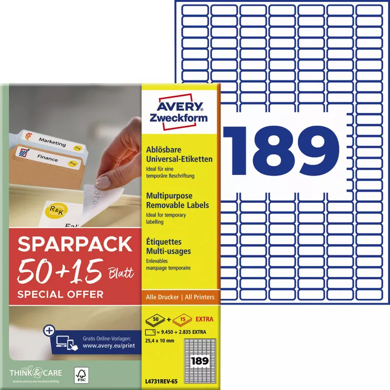 Avery Zweckform L4731REV-65, Universal-Etiketten, A4, 25,4 x 10 mm, 12.285 Etiketten / 65 Bögen, Weiß