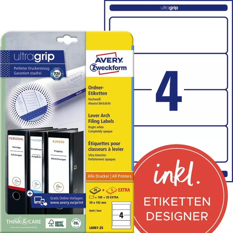 AVERY® Zweckform L6061-25 Ordnerrücken-Etiketten, 59 x 192 mm, 30 Bogen/210 Etiketten, weiß
