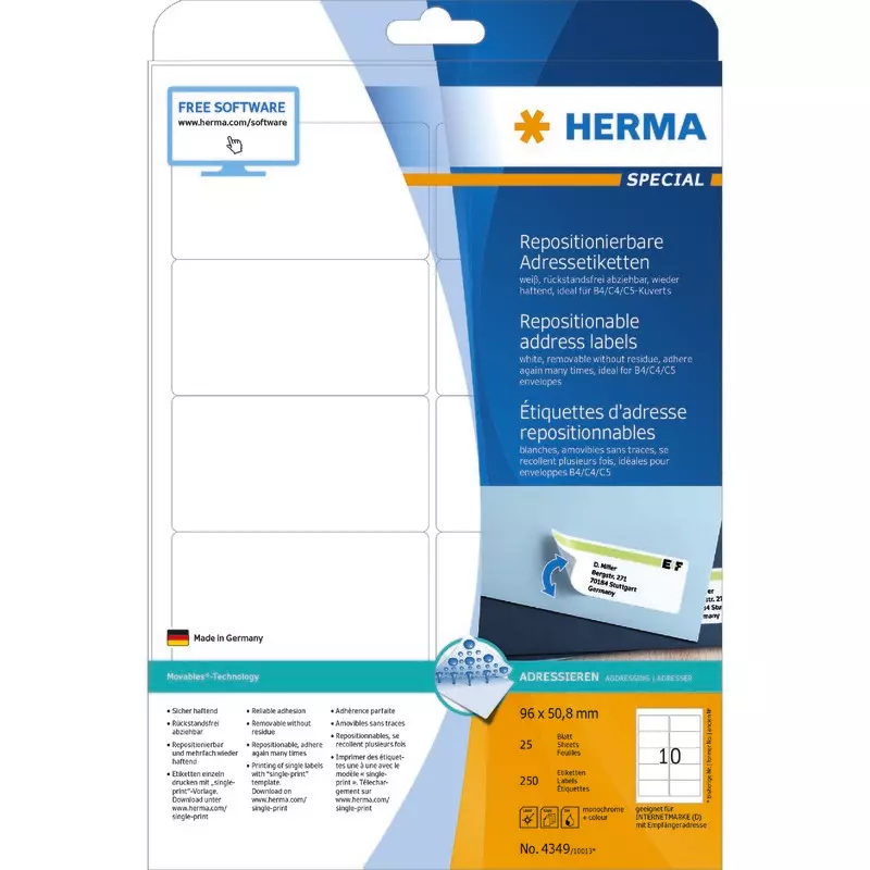 HERMA Etiketten 4349, B x H: 96 x 50,8 mm, weiß ablösbar