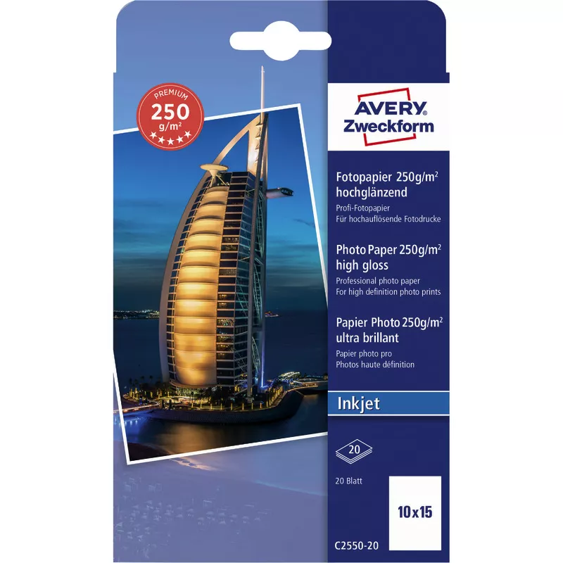 AVERY Zweckform Premium Inkjet Fotopapier, hochglänzend, 10 x15, 250 g/m², Packung: 20 Blatt