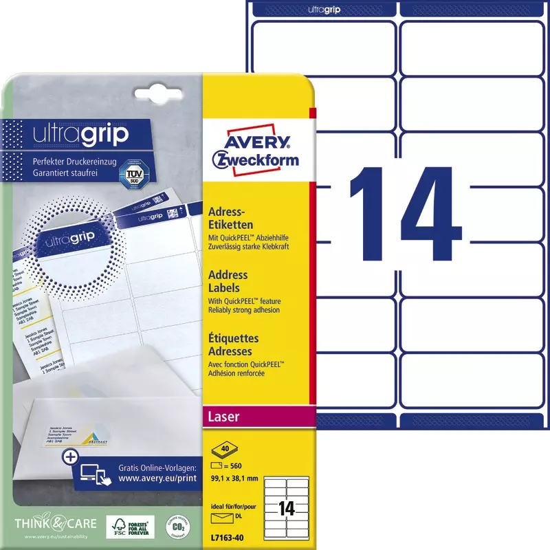 AVERY® Zweckform L7163-40 Adress-Etiketten, 99,1 x 38,1 mm, 40 Bogen/560 Etiketten, weiß