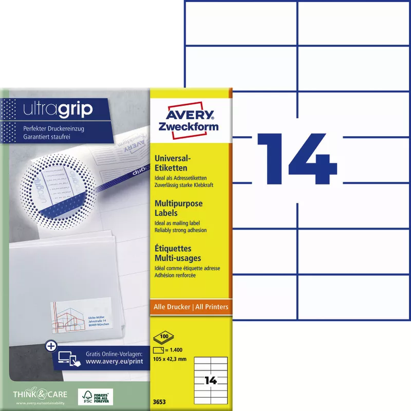 AVERY® Zweckform Universal-Etiketten 3653, permanent haftend, weiß, B x H: 105 x 42,3 mm, Pack: 1.400 Stück
