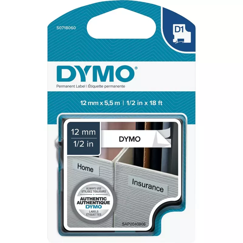 DYMO D1-Hochleistungs-Polyester-Beschriftungsband 16959, 12 mm, schwarz/weiß
