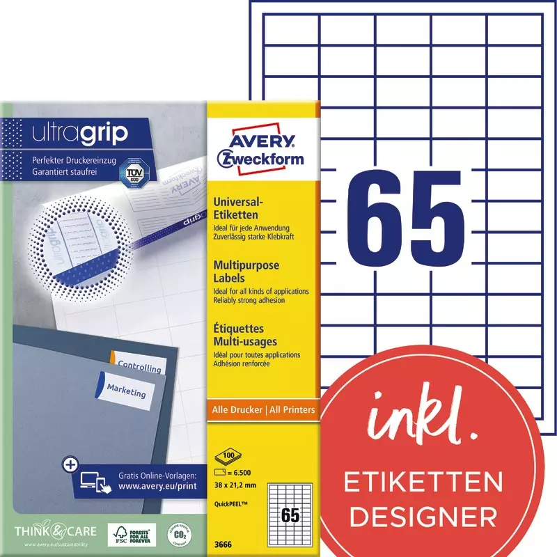Avery Zweckform® 6119 Universal-Etiketten, 210 x 297 mm, 30 Bogen/30 Etiketten, weiß