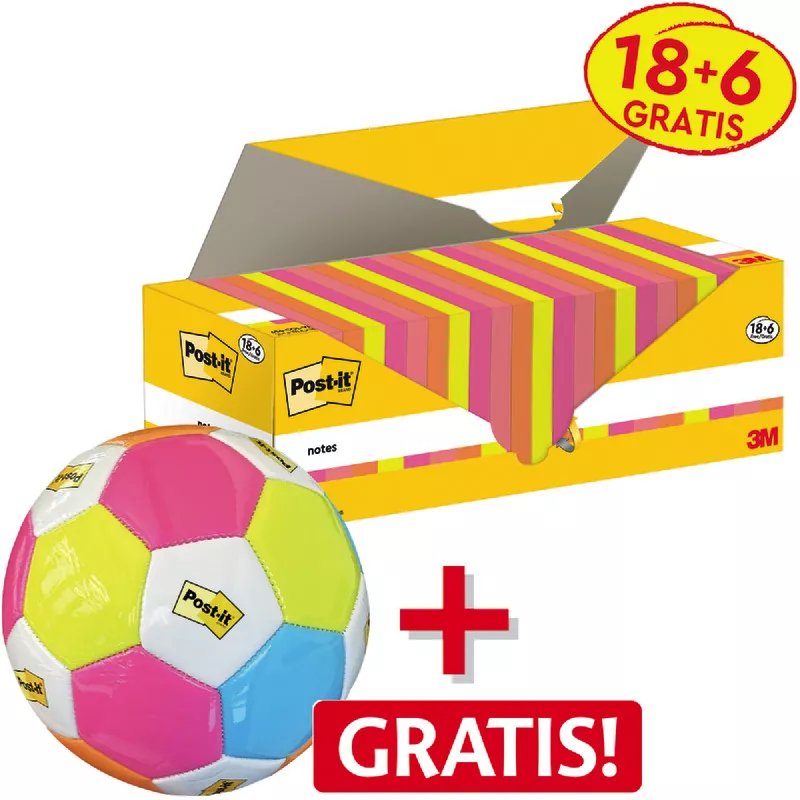 18 + 6 GRATIS! 24 Blöcke Post-it® Haftnotizen,  76 x 76 mm, farbsortiert + 1 Fußball GRATIS!