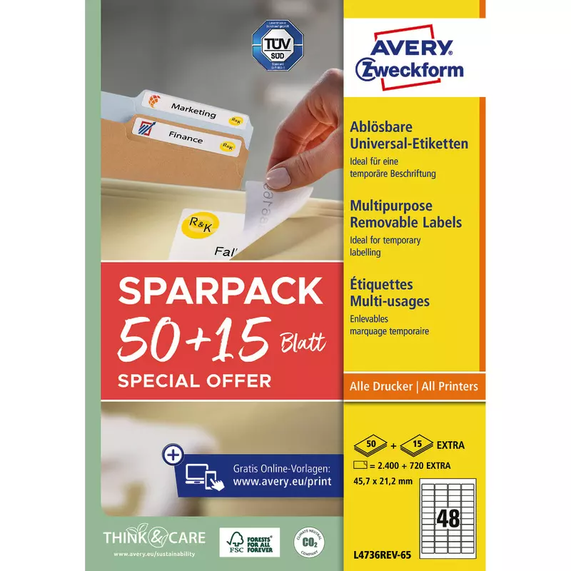 Avery Zweckform L4736REV-65, Universal-Etiketten, A4, 45,7 x 21,2 mm, 3.120 Etiketten / 65 Bögen, Weiß