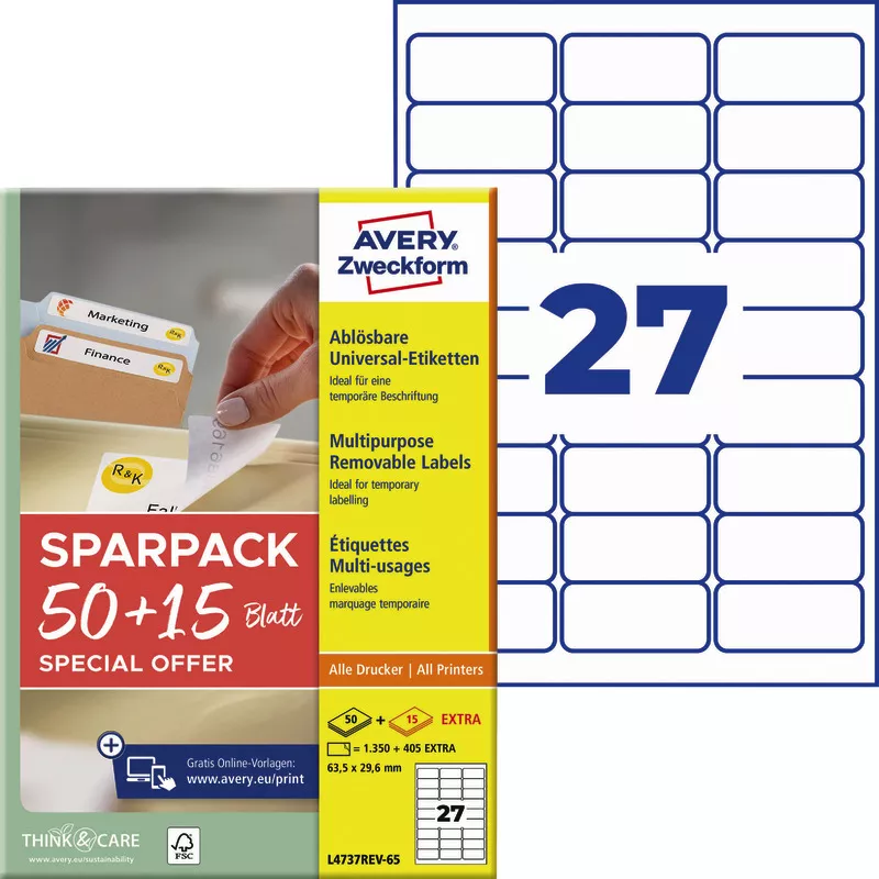 Avery Zweckform L4737REV-65, Universal-Etiketten, A4, 63,5 x 29,6 mm, 1.755 Etiketten / 65 Bögen, Weiß