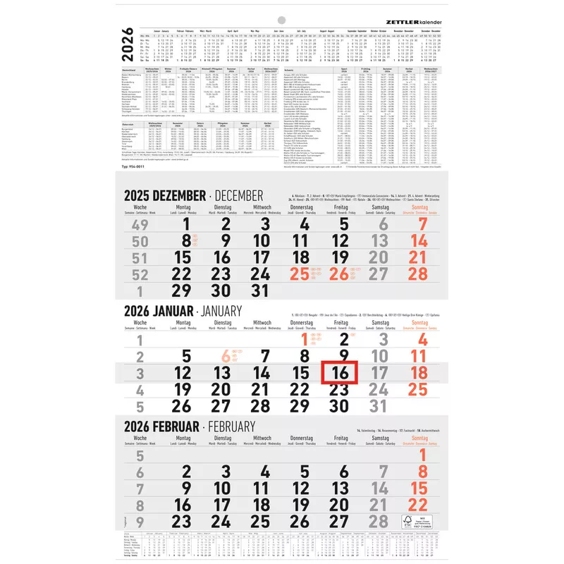 3-Monats-Wandkalender 2026, 30 x 48,8 cm, 3M/1S ALPHA 660162