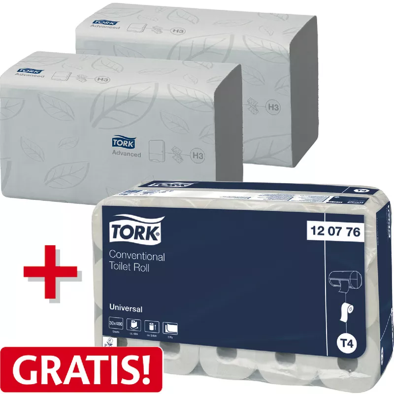 2 Kartons à 3.750 Falthandtücher TORK Advanced, Zick-Zack-Falzung, Tissuequalität, Lorbeerblattprägung, 2-lagig, hochweiß + Toilettenpapier GRATIS