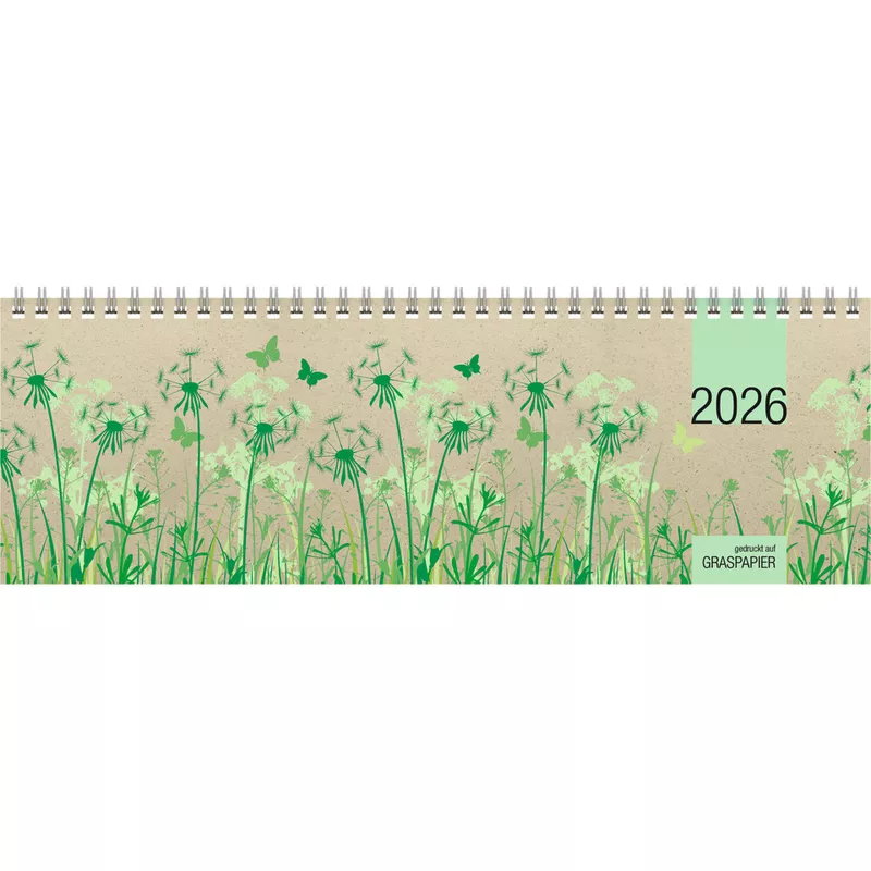 Tischquerkalender 2026, 32 x 10,5 cm, 1W/2S, Graspapier ZETTLER 660051