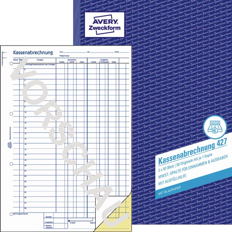 AVERY® Zweckform  Kassenabrechnung 427, MwSt.-Spalte für Einnahmen und Ausgaben, A4, mit Blaupapier, 2x50 Blatt