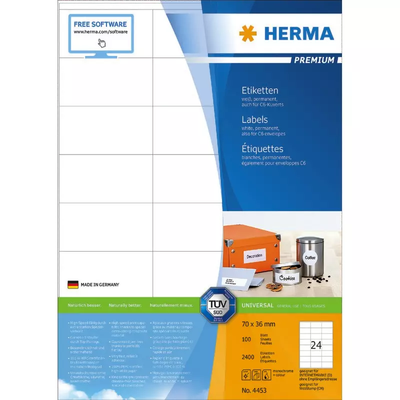 HERMA PREMIUM Etiketten 4453, PC-bedruckbar, B x H: 70 x 36 mm, 2.400 Stück