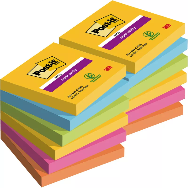 Spar-Set! 2 x 6 Blöcke Post-it® Haftnotizen Super Sticky Notes 76 x 76 mm, farbsortiert