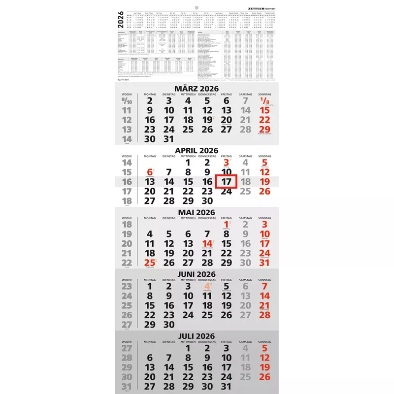 5-Monats-Wandkalender 2026, 30 x 72 cm, 5M/1S ZETTLER 660174