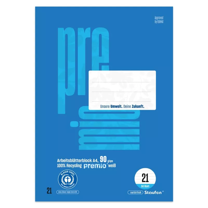 Arbeitsblock Premio, A4, 90g/m², 50 Blatt, Lin.21, liniert, blau STAUFEN PREMIO 040746021