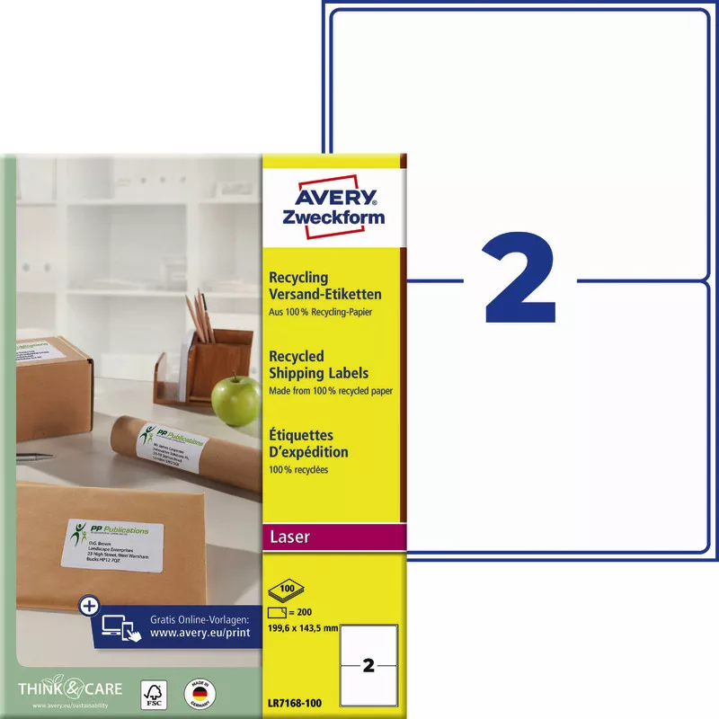 AVERY® Zweckform LR7168-100 Recycling Versand-Etiketten, 199,6 x 143,5 mm, 100 Bogen/200 Etiketten, naturweiß