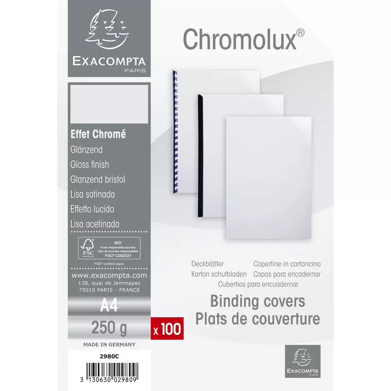 100er Packung Einbanddeckel Chromolux aus Karton 250g/qm, für DIN A4 - Weiß