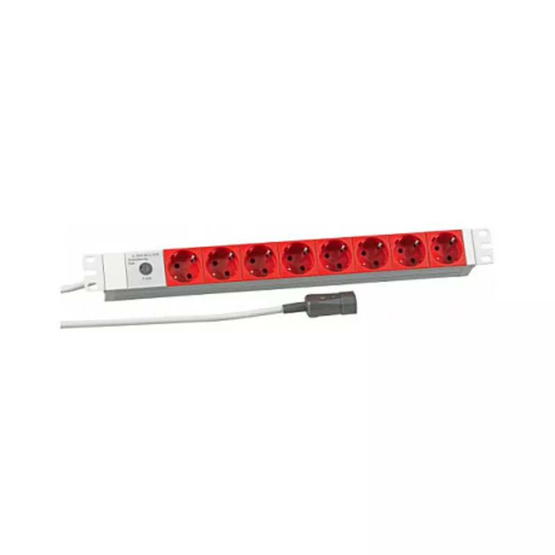 19Zoll 1HE Steckdosenleiste 8-fach CEE7/3 rot Zuleitung C14 fuer USV Laenge 2m GRAU RAL7035 Werkstoff Aluminium