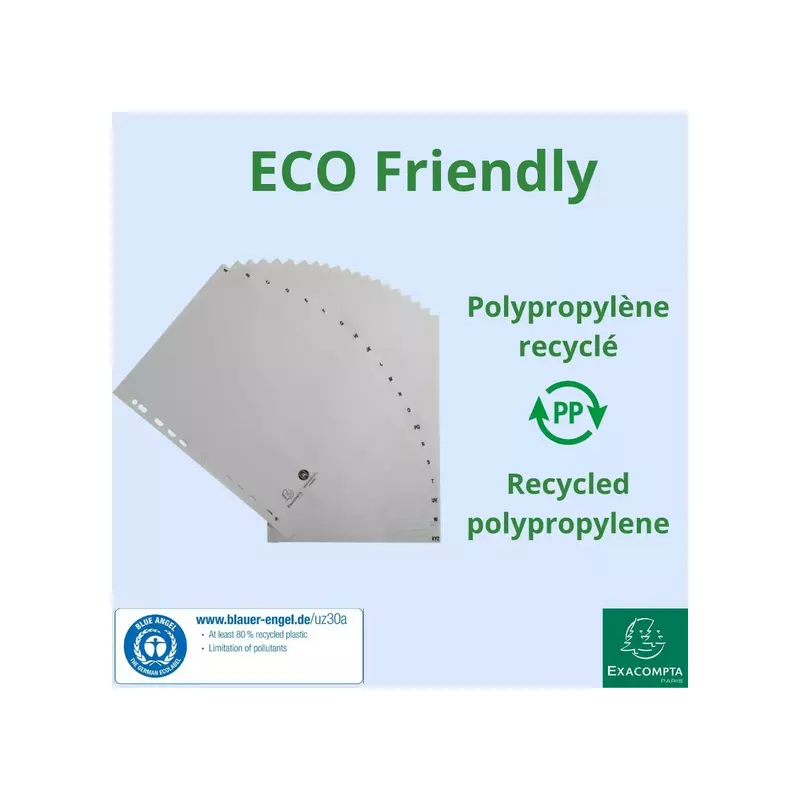 Register A4 aus grauem Recycling-PP 120µ mit bedruckten Taben A-Z, 20 Positionen - Grau