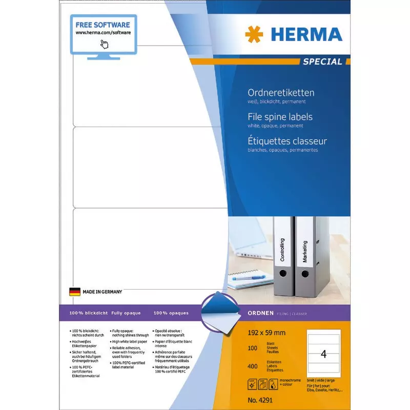HERMA Ordneretiketten 4291, DIN A4, 192 x 59 mm, weiß Papier, matt, blickdicht,400 St.