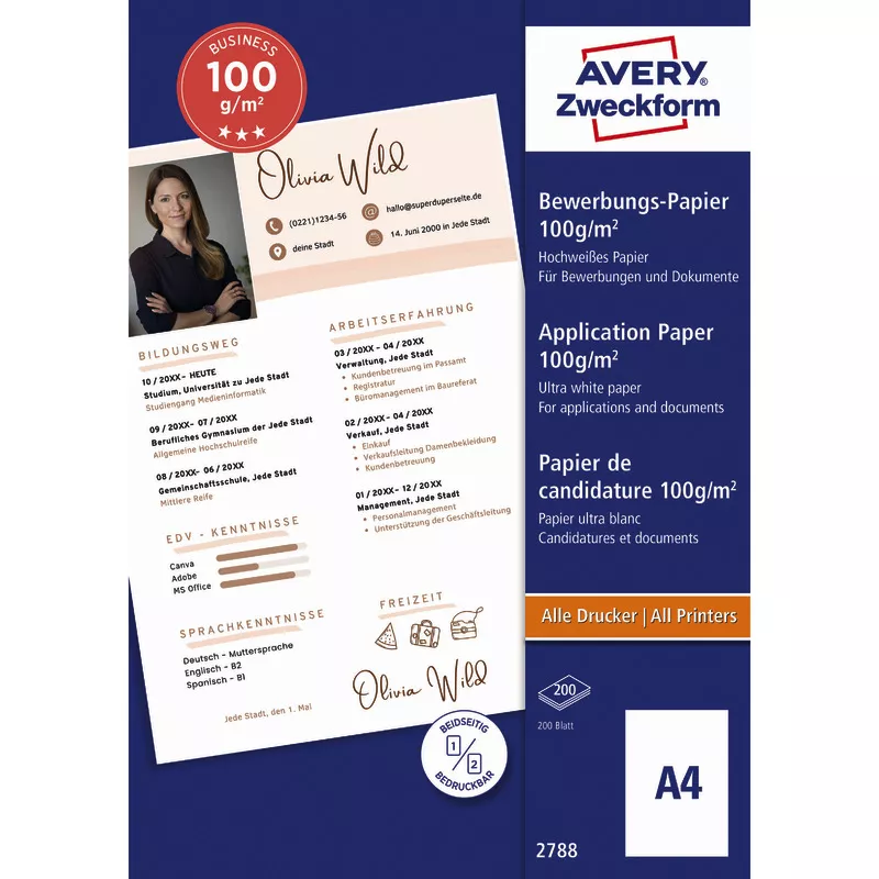 AVERY Zweckform Business Inkjet Bewerbungspapier, DIN A4, 100 g/m², Packung: 200 Blatt