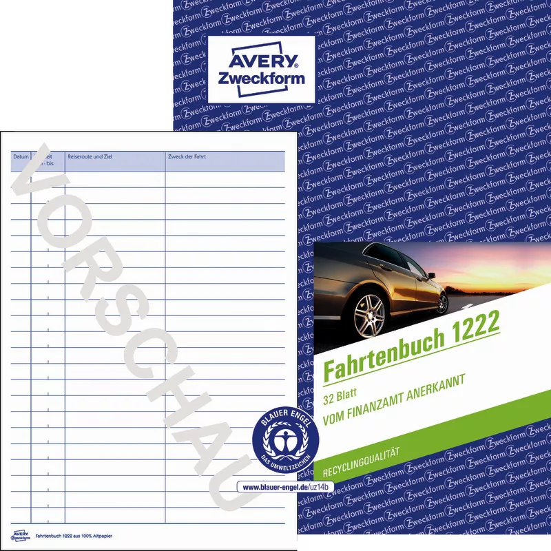 AVERY® Zweckform Fahrtenbuch 1222, für PKW, A5, Recycling-Papier, 32 Blatt