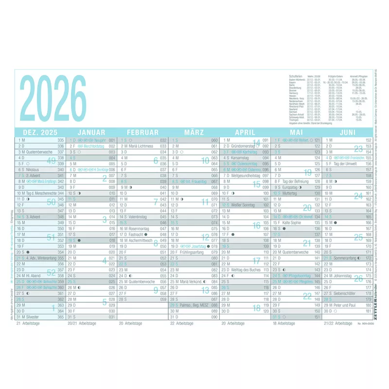 Arbeitstagekalender 2026, A4, 7M/1S ZETTLER 660149