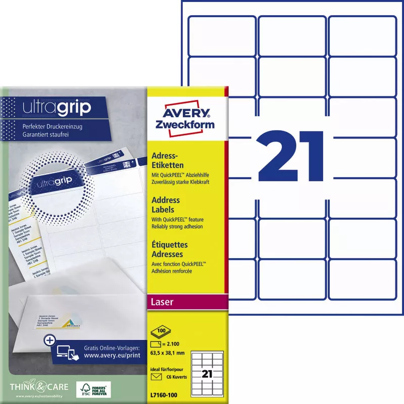 AVERY® Zweckform Adress-Etiketten L7160-100, weiß, B x H: 63,5 x 38,1 mm, Pack: 2.100 Stück