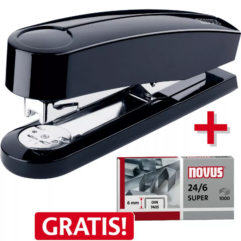 novus Heftgerät B4, schwarz + 5 Packungen Heftklammern 24/6 GRATIS